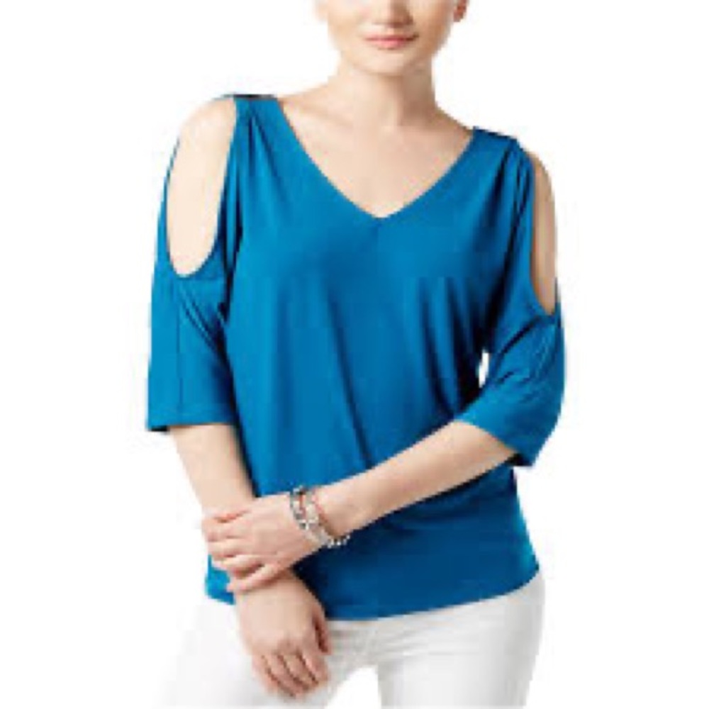 INC International - Cold-Shoulder Knit Blouse, Hardward accent at shoulder.